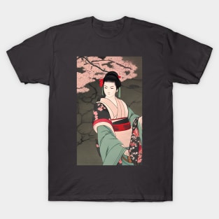 Geisha in Japanese garden, ukiyo e style T-Shirt